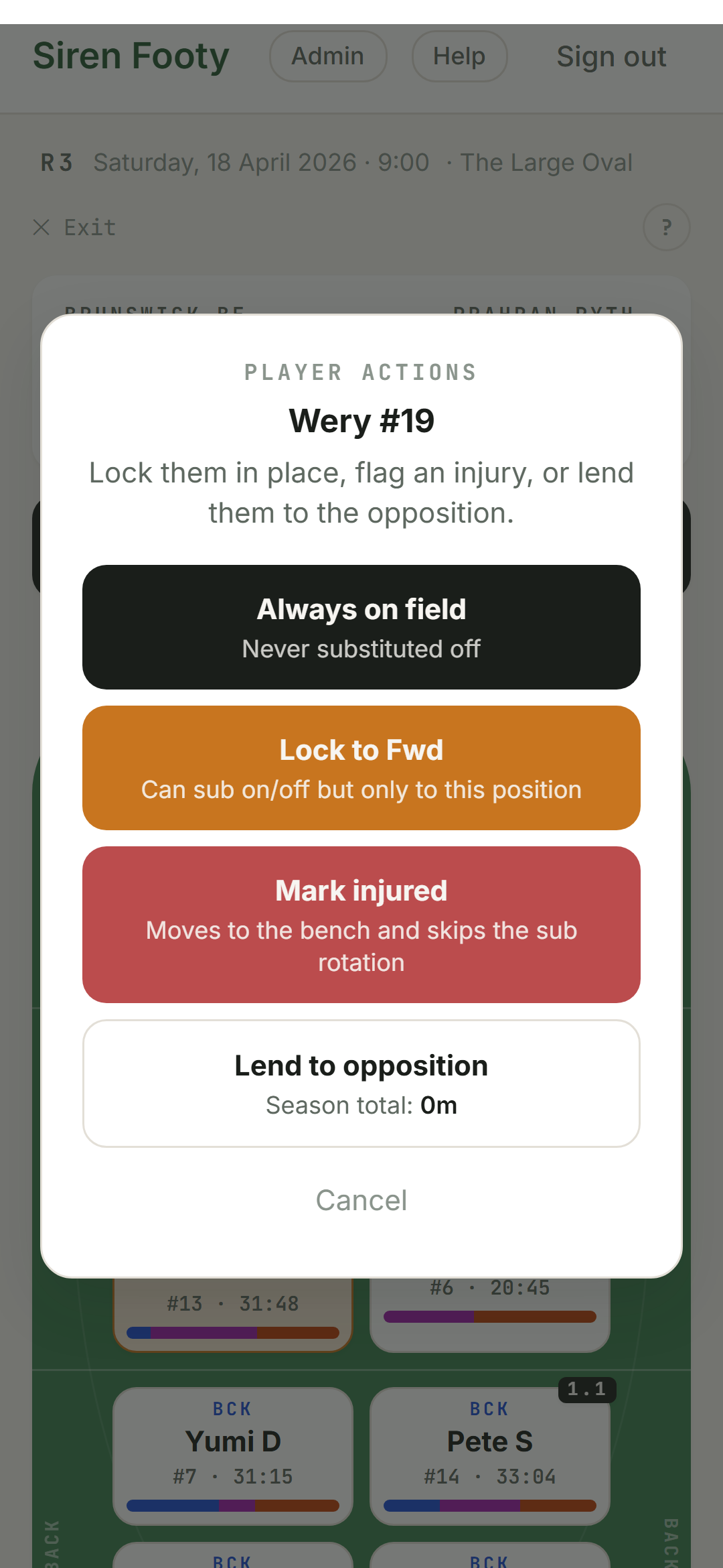 Player actions sheet showing lock, injury, and lend options